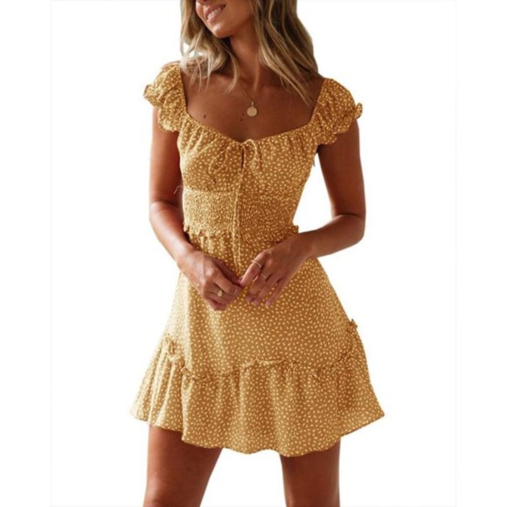 Short Dress Ruffle Floral Tie Front Yellow